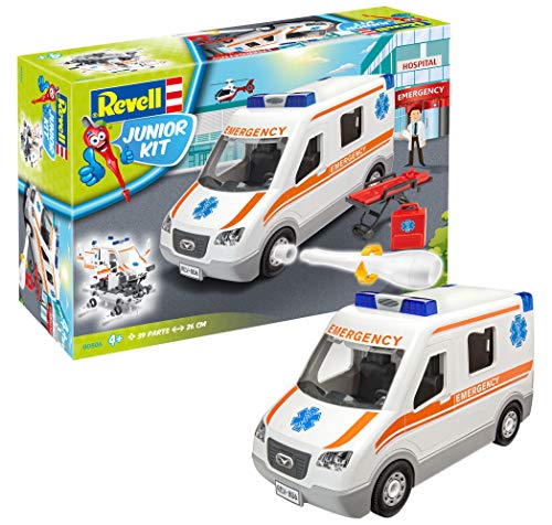 Revell 00806 Junior Kit Krankenwagen Auto Modellbausatz für Kinder zum Schrauben, robust zum Basteln und Spielen, ab 4+, kindgerecht, müheloses Verbinden weniger Teile, mit Aufklebern - AMBULANCE von Revell