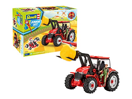 Revell 00815 Junior Kit-Traktor mit Frontlader und Spielfigur 4 der Bausatz mit dem Schraubsystem für Kinder ab 4 Jahre, Bauen-Schrauben-Spielen, mit tollen Funktionen, rot, Länge ca. 28 cm von Revell