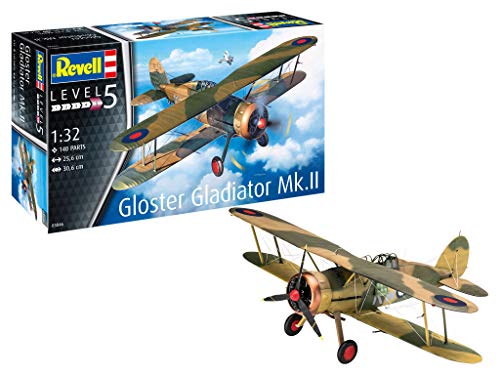 Revell 03846 Gloster Gladiator Mk. II, Flugzeugmodell 1:32, 26,2 cm originalgetreuer Modellbausatz für Experten, unlackiert von Revell