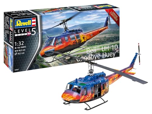 Revell 03867 Bell UH-1D Goodbye Huey, der Teppichklopfer zum Selberbauen, Helikoptermodell 1:32, 40,5 cm originalgetreuer Modellbausatz für Experten, unlackiert von Revell