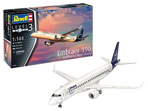 Revell Modellbau, Embraer 190 Lufthansa New Livery, 1:144 Bausatz, 55 Teile, Bastelset ab 10 Jahren - Detailgetreues Modell, Flugzeug, Neue Lackierung von Revell