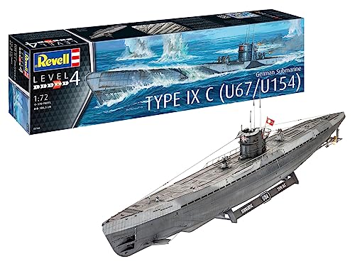 Revell RV05166 05166 U-Boot German Submarine Type IX C U67/U154, Schiffsmodellbausatz 1,72, 1,06 m originalgetreuer Modellbausatz für Fortgeschrittene, unlackiert, 1/72 von Revell