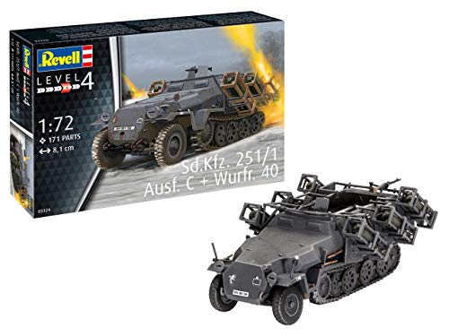 Revell 03324 Sd.Kfz. 251/1 AUSF. C + Wurfr. 4, Panzermodell Stuka zu Fuß 1:72, 8,1cm originalgetreuer Modellbausatz für Fortgeschrittene, unlackiert von Revell