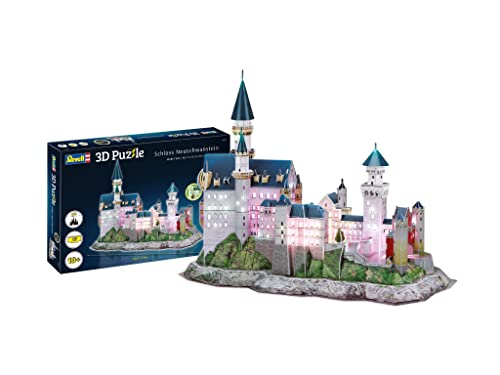 Revell 3D Puzzle 00151 I Schloss Neuschwanstein I 128 Teile I 4 Stunden Bauspaß für Kinder und Erwachsene I ab 10 Jahren I Mit LED Beleuchtung für eine mystische Beleuchtung von Revell