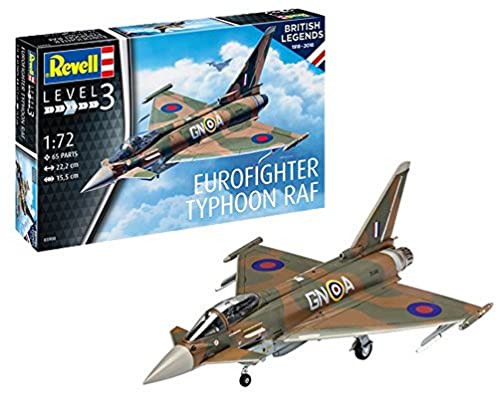 Revell 03900 British Legends: Eurofighter Typhoon RAF, Flugzeugmodellbausatz 1:72, 22,2 cm Control Flugzeug originalgetreuer Modellbausatz für Einsteiger, unlackiert von Revell