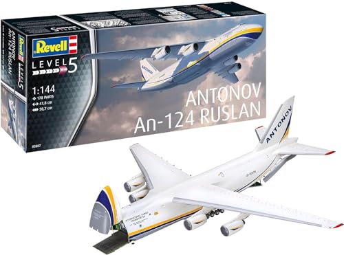 Revell Modellbausatz Antonov AN-124 - Detailliertes Cockpit und Laderaumpanele - 5 Bauoptionen - Authentisches Abziehbild - Gleichzeitiges Be- und Entladen durch klappbare Nase und Heckladetüren von Revell