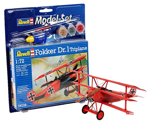 Revell Modellbausatz Flugzeug 1:72 - Fokker Dr. 1 Triplane im Maßstab 1:72, Level 4, originalgetreue Nachbildung mit vielen Details, , Model Set mit Basiszubehör, 64116, Rot von Revell