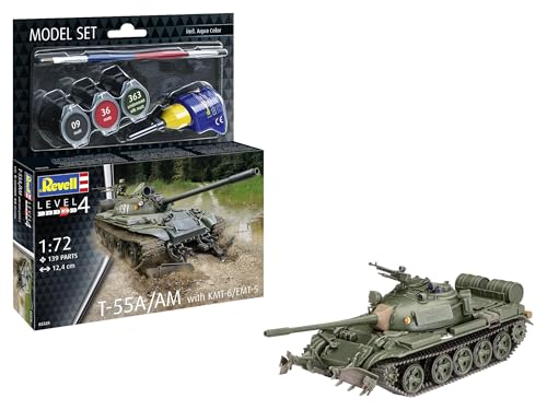 Revell Modellbausatz T-55A/AM mit KMT-6/EMT-5 | Hoch detaillierter Bausatz des weltweit am häufigsten produzierten Kampfpanzer | Mit Minenräum-Ausrüstung | Inkl. Kleber und Pinsel von Revell Modellbau
