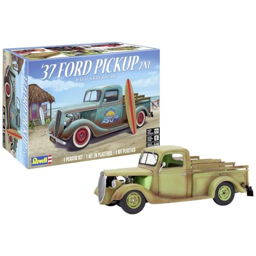 Revell USA Modellbausatz I 37 Ford Pickup mit Surfbrett 2N1 I Detailliertes Modell im Maßstab 1:25 I 162 Teile I Herausfordernder Bausatz für fortgeschrittene Modellbauer ab 14 Jahren I Mit V8 von Revell