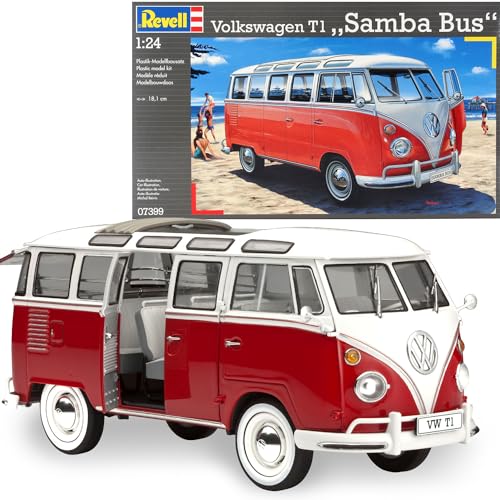 Revell Modellbausatz Auto 1:24 - Volkswagen VW T1 Bulli Samba Bus im Maßstab 1:24, Level 5, originalgetreue Nachbildung mit vielen Details, VW Bus, 07399, Rot/Weiß von Revell