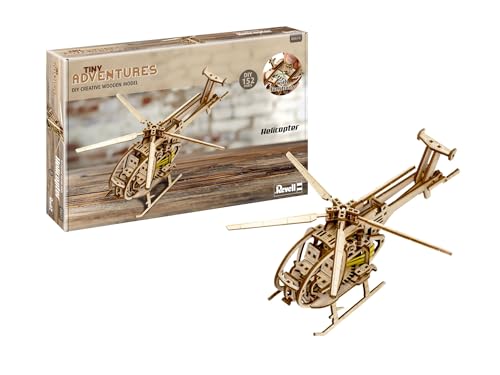 Revell Tiny Adventures Helicopter I Hochdetailliertes Design mit komplexem Armaturenbrett I Detaillierter Motor Realistische Bedienelemente I Interaktiver Startschlüssel für Bewegung I Modell aus Holz von Revell