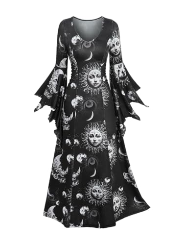 Rgothic Halloween-Kostüm, Gothic-Stil, ausgestellte Ärmel, Sonne, Mond, Gesicht, Druck, A-Linie, Maxikleid, Schwarz, XL Rgothic Halloween-Kostüm, Gothic-Stil, ausgestellte Ärmel, Sonne, Mond, Gesicht, Druck, A-Linie, Maxikleid, Schwarz, XL von Rgothic
