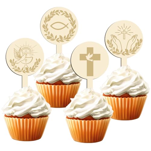 12pcs Taufe Cupcake Topper Set, Holz Cake Topper Kommunion, Erstkommunion Deko für Jungen & Mädchen, Eucharistiegeschenke, Eucharistiedekoration von Rhsemi