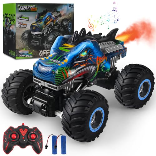 Rhybor Ferngesteuertes Auto Dinosaurier 1:16 Maßstab RC Monster Truck Fernbedienung Auto mit Sprühnebel-Musik-LED-Leuchten, 2,4 GHz 20 km/h RC Auto Spielzeug für Kinder ab 3 4 5 6 8 10 Jahre von Rhybor