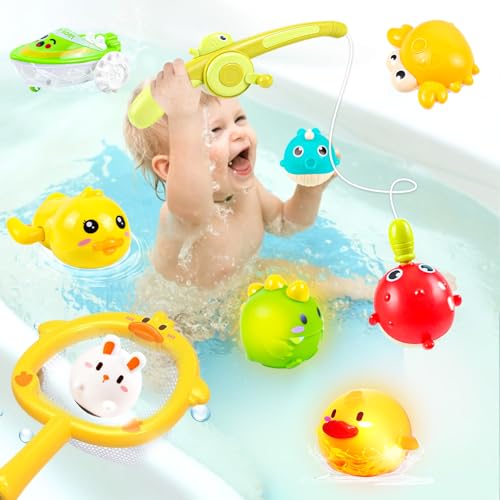 Badewannenspielzeug ab 3 Jahre | Magnetische Angel + Leuchtende Tierbälle & Aufzieh-Ente/Boot | Lernspielzeug für Motorik & Farben, Sicher & Robust (10 Teile) von Rhybor
