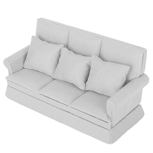 RiToEasysports Puppenhaus-Sofa, 1:12 Puppenhaus-Couch, Hochsimuliertes Puppenhaus-Sofa aus Holz mit DREI Kissen, Wohnzimmermöbel, Puppenhaus-Dekorationszubehör (Grau) von RiToEasysports