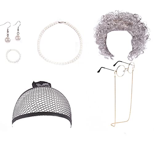 Rianpesn Oma Perücke,Alte Dame Kostü für Damen | Oma Perücke Mütze Brille Kette Perlenkette Ohrring Armband, Weihnachten Halloween Kostü Rianpesn Oma Perücke,Alte Dame Kostü für Damen | Oma Perücke Mütze Brille Kette Perlenkette Ohrring Armband, Weihnachten Halloween Kostü von Rianpesn