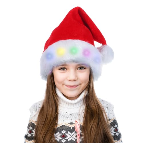 RichDeer Kinder Nikolausmütze Rot, Farbe LED-Lichter-Design Weihnachtsmütze, Santa Weihnachtsmann Weihnachtsmütze, Kuschelweich Plüsch Weihnachtsmützen, Für Neujahr Festliche Weihnachtsfeier von RichDeer