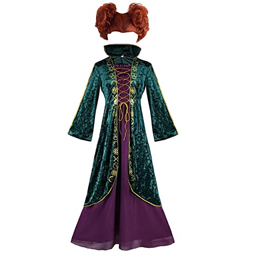 Richolyn Winifred Sanderson Costumes Kleid mit Perücke – Mittelalterliches grünes Samtkleid für Damen – Sanderson Sisters Kostü Halloween Karneval Hexe Cosplay von Richolyn