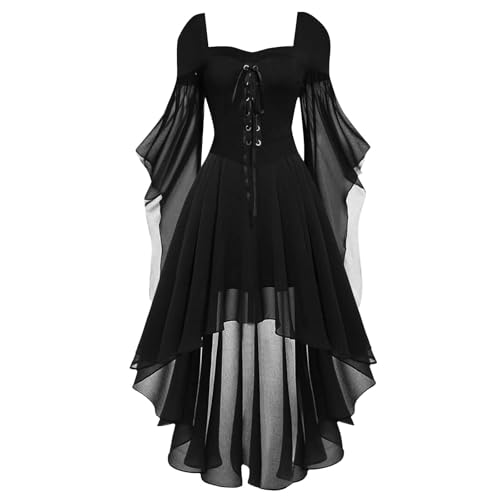 Halloween Kleid Damen Gothic Slim Fit Gothic Viktorianisches Kleid Damen mit freien Schultern Elegantes Cocktailkleid Ausgestellte Ärmel Spitze Tanzkleider Kostüm Hexe Punk für Halloween von Richymfa