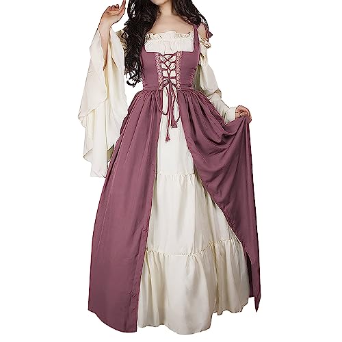 Richymfa Mittelalterliches Kleid Damen Renaissance Vintage Zeremonie Kleid mit ausgestellten Ärmeln Übergröße Gothic Lange Kleider mit Schnürung Elegantes Renaissance Mittelalter Kostüm für Halloween von Richymfa