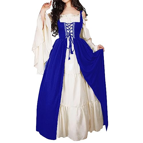 Richymfa Mittelalterliches Kleid Damen Renaissance Vintage Zeremonie Kleid mit ausgestellten Ärmeln Übergröße Gothic Lange Kleider mit Schnürung Elegantes Renaissance Mittelalter Kostüm für Halloween von Richymfa