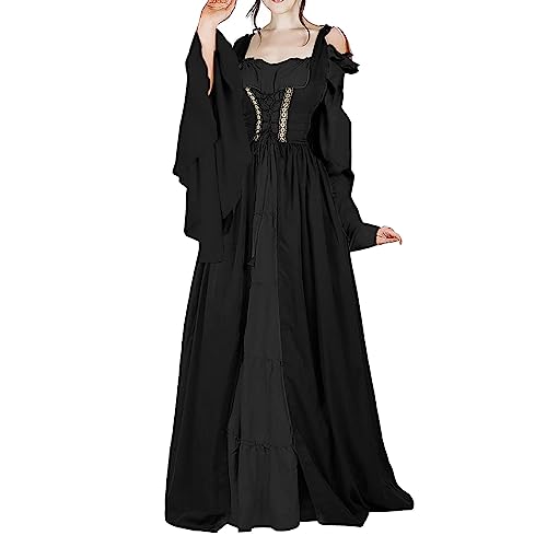 Richymfa Mittelalterliches Kleid Damen Renaissance Vintage Zeremonie Kleid mit ausgestellten Ärmeln Übergröße Gothic Lange Kleider mit Schnürung Elegantes Renaissance Mittelalter Kostüm für Halloween von Richymfa
