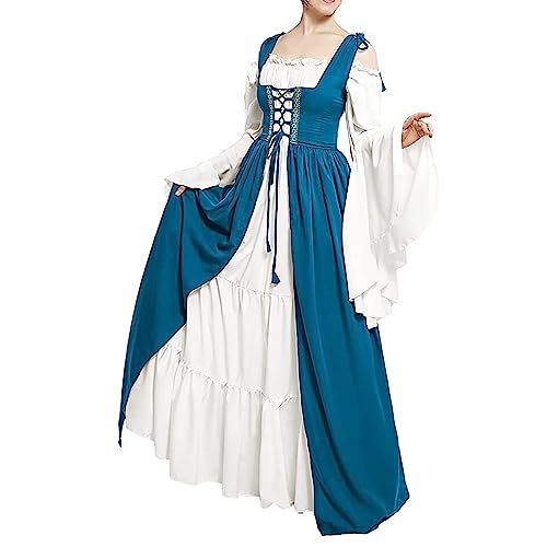 Richymfa Mittelalterliches Kleid Damen Renaissance Vintage Zeremonie Kleid mit ausgestellten Ärmeln Übergröße Gothic Lange Kleider mit Schnürung Elegantes Renaissance Mittelalter Kostüm für Halloween von Richymfa