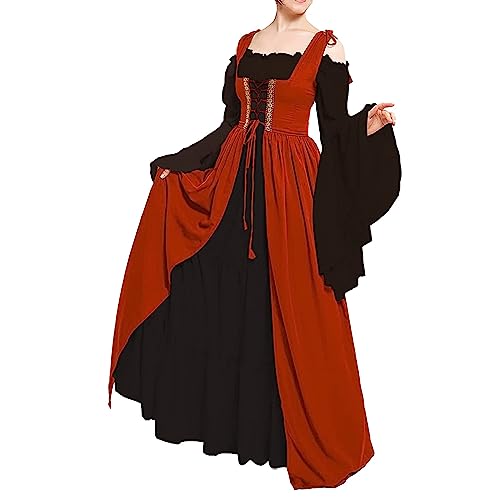 Richymfa Mittelalterliches Kleid Damen Renaissance Vintage Zeremonie Kleid mit ausgestellten Ärmeln Übergröße Gothic Lange Kleider mit Schnürung Elegantes Renaissance Mittelalter Kostüm für Halloween von Richymfa
