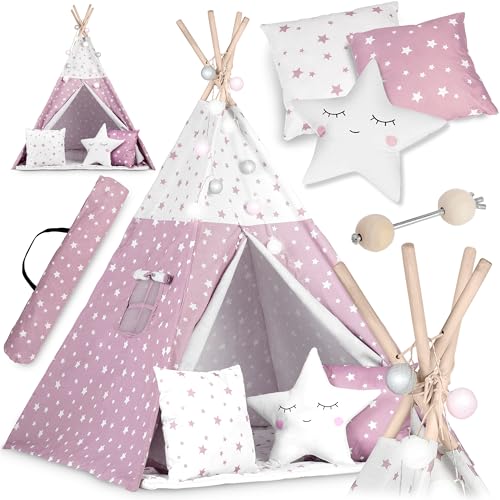NUKIDO Kindertipi im Montessori-Stil Baumwolle und Holzrahmen mit Isoliermatte 3 Kissen Girlande Luftig 120x120x165 cm Rosa mit Sternen NUKIDO Kindertipi im Montessori-Stil Baumwolle und Holzrahmen mit Isoliermatte 3 Kissen Girlande Luftig 120x120x165 cm Rosa mit Sternen von Nukido