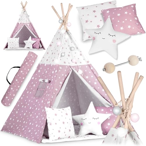 NUKIDO Kindertipi im Montessori-Stil Baumwolle und Holzrahmen mit Isoliermatte 3 Kissen Girlande Luftig 120x120x165 cm Rosa mit Sternen von Nukido