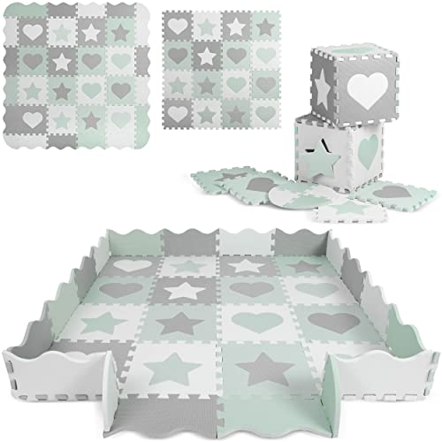 Ricokids - Puzzle-Spielmatte mit Zaun - für Babys und Kinder - 150x150 cm - aus Eva-Schaumstoff - Krabbelmatte, Teppich, Boden - rutschfest, Faltbar - Formenlernen - Grau & Grün Pastellfarben Ricokids - Puzzle-Spielmatte mit Zaun - für Babys und Kinder - 150x150 cm - aus Eva-Schaumstoff - Krabbelmatte, Teppich, Boden - rutschfest, Faltbar - Formenlernen - Grau & Grün Pastellfarben von Ricokids