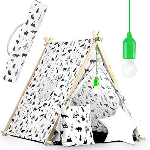 Ricokids Tipi Zelt für Kinder aus Baumwolle - Indoor & Outdoor Spielzeug Fenster Zwei Kissen Isoliermatte LED Lampe - Wigwam Indianerzelt Pappelholz 116 x 107 x 110 cm Weiß von Ricokids