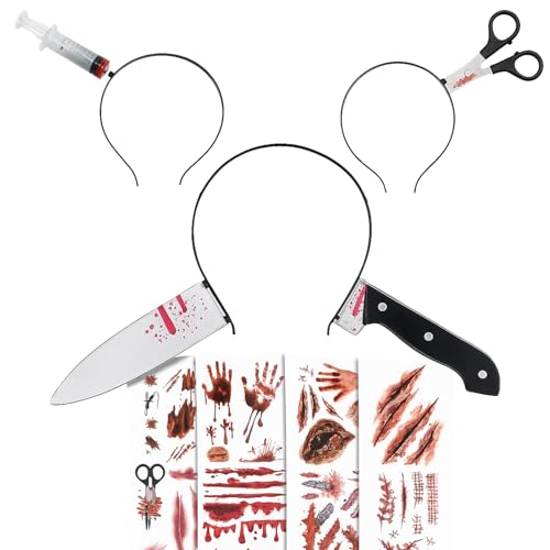 Halloween Haarreif Set Messer im Kopf Halloween Horror Kostüm Accessoire Kit mit Temporäre Tattoos Gesicht Schminke Narben Sticker Spezial Fx Kostüm Bilden Wasserdicht Stützen für Halloween Cosplay von Riiriou