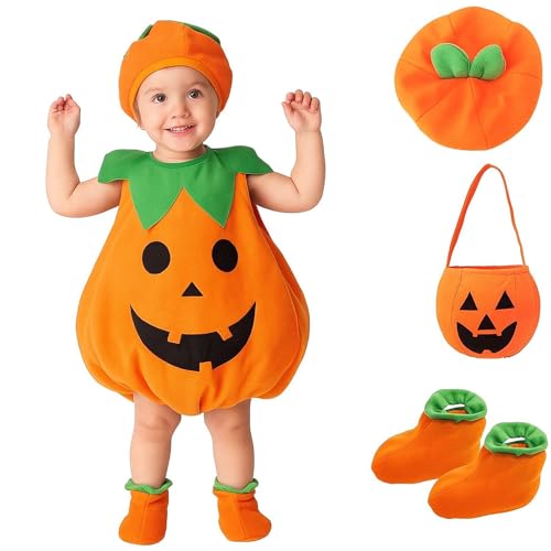 Riiriou Halloween Kürbis Kostüm 4 Stück Kinder Kürbis Outfits Kreative HalloweenKostüme Set mit Hüte und Süßigkeitentasche für Halloween Karneval Pumpkin Cosplay Party Kleidung Kinder Mädchen Jungen von Riiriou
