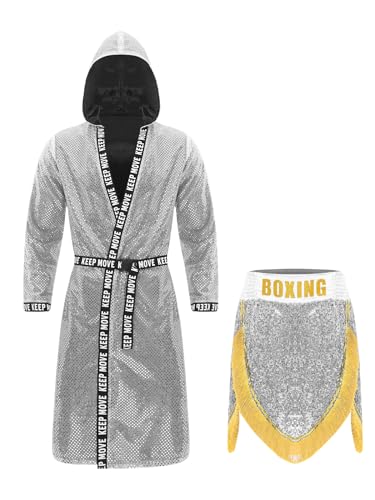 Riismen Boxer Kostüm Herren Halloween Fransen Shorts und Glitzer Pailletten Boxmantel mit Kapuze Erwachsene Fasching Karnevalskostüm Silber L Riismen Boxer Kostüm Herren Halloween Fransen Shorts und Glitzer Pailletten Boxmantel mit Kapuze Erwachsene Fasching Karnevalskostüm Silber L von Riismen