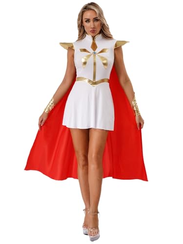 Riismen Damen Griechische Göttin Kostüm Halloween Cosplay Römer Gladiator Kostüm Metallic Patchwork Kleid mit Umhang Faschingskostüm Rave Outfit Weiß 3XL von Riismen
