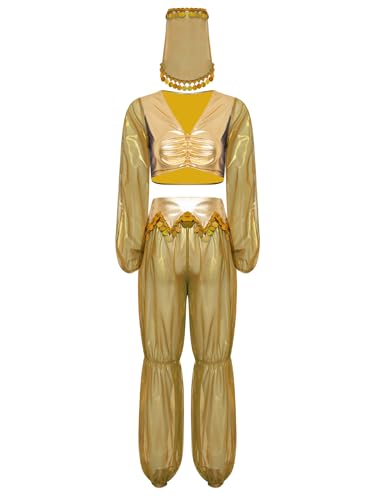 Riismen Damen Halloween Arabische Prinzessin Kostüm Cosplay Metallic Patchwork Oberteile mit Mesh Hosen und Schleier Bauchtanz Kostüm Faschingskostüm Gold XXL Riismen Damen Halloween Arabische Prinzessin Kostüm Cosplay Metallic Patchwork Oberteile mit Mesh Hosen und Schleier Bauchtanz Kostüm Faschingskostüm Gold XXL von Riismen