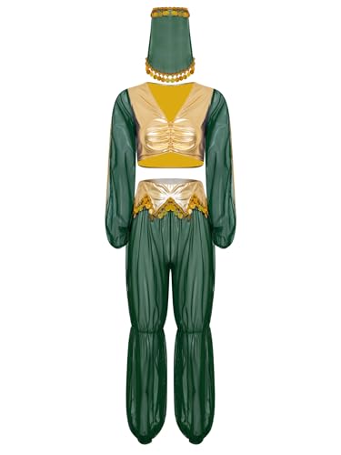 Riismen Damen Halloween Arabische Prinzessin Kostüm Cosplay Metallic Patchwork Oberteile mit Mesh Hosen und Schleier Bauchtanz Kostüm Faschingskostüm Grün XXL Riismen Damen Halloween Arabische Prinzessin Kostüm Cosplay Metallic Patchwork Oberteile mit Mesh Hosen und Schleier Bauchtanz Kostüm Faschingskostüm Grün XXL von Riismen