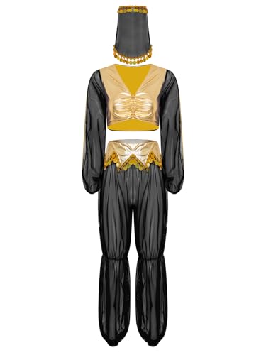 Riismen Damen Halloween Arabische Prinzessin Kostüm Cosplay Metallic Patchwork Oberteile mit Mesh Hosen und Schleier Bauchtanz Kostüm Faschingskostüm Schwarzes Gold XXL Riismen Damen Halloween Arabische Prinzessin Kostüm Cosplay Metallic Patchwork Oberteile mit Mesh Hosen und Schleier Bauchtanz Kostüm Faschingskostüm Schwarzes Gold XXL von Riismen