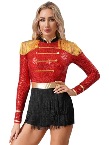 Riismen Damen Zirkus Kostüm Halloween Pailletten Body Mit Quasten Zirkusdirektor Kostüm Langarm Dompteur Uniform Cosplay Karnevalskostüm Rave Outfit Rot M Riismen Damen Zirkus Kostüm Halloween Pailletten Body Mit Quasten Zirkusdirektor Kostüm Langarm Dompteur Uniform Cosplay Karnevalskostüm Rave Outfit Rot M von Riismen