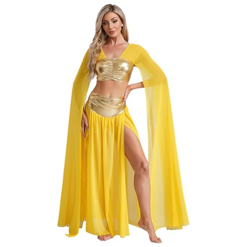 Riismen Ensemble Bauchtanz Damen Kostüm Ägypten Kleopatra Schlitz Kleid Göttin Königin Halloween Show Rock Gold XXL von Riismen