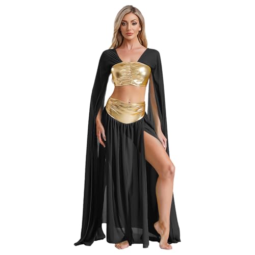 Riismen Ensemble Bauchtanz Damen Kostüm Ägypten Kleopatra Schlitz Kleid Göttin Königin Halloween Show Rock Schwarz XXL von Riismen