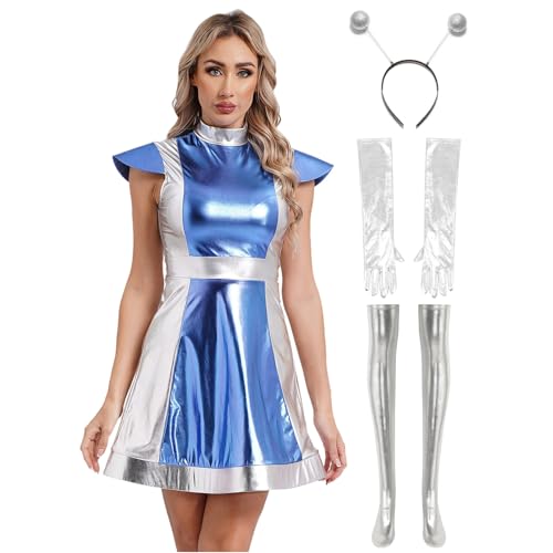 Riismen Frauen Alien Kostüm Metallische Weltraumkämpfer Roboter Kosmos Kleidung Mit Handschuhen Stirnband Halloween Cosplay Outfit Blau XXL von Riismen