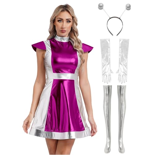 Riismen Frauen Alien Kostüm Metallische Weltraumkämpfer Roboter Kosmos Kleidung Mit Handschuhen Stirnband Halloween Cosplay Outfit Knalliges Pink M von Riismen