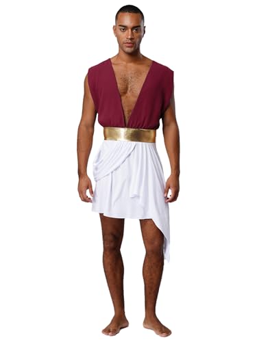 Riismen Griechischer Gott Kostüm Herren Halloween Tiefe V-Ausschnitt Kleid Retro Farbblock Kleid Ärmellos Antike Römerin Kostüm Cosplay Faschingskostüm von Riismen