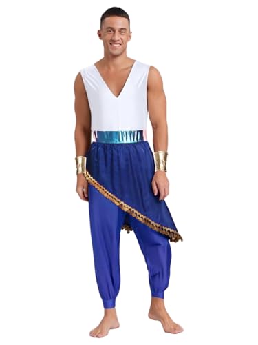 Riismen Herren Arabische Prinz kostüm halloween Ärmellos Jumpsuit mit Fransen rock Vintage farbblock overall karnevalskostüm cosplay set rave outfit von Riismen