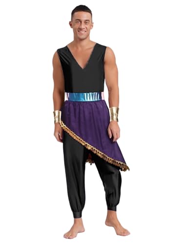 Riismen Herren Arabische Prinz kostüm halloween Ärmellos Jumpsuit mit Fransen rock Vintage farbblock overall karnevalskostüm cosplay set rave outfit von Riismen