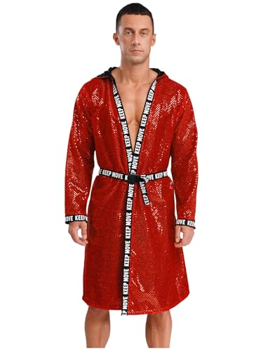 Riismen Herren Boxer Kostüm Pailletten Boxermantel mit Kapuze Boxer Robe Kämpfer Uniform Halloween Cosplay Karneval Kostüm Rot XXL von Riismen
