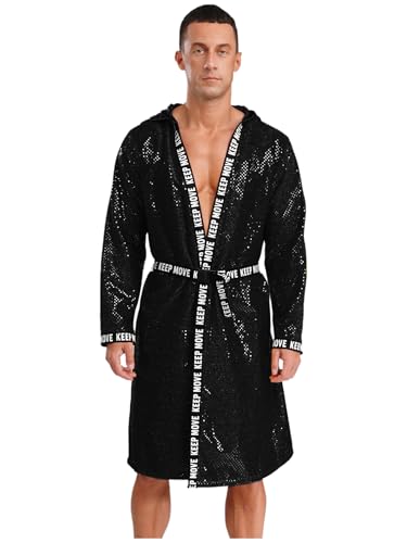 Riismen Herren Boxer Kostüm Pailletten Boxermantel mit Kapuze Boxer Robe Kämpfer Uniform Halloween Cosplay Karneval Kostüm Schwarz XXL von Riismen